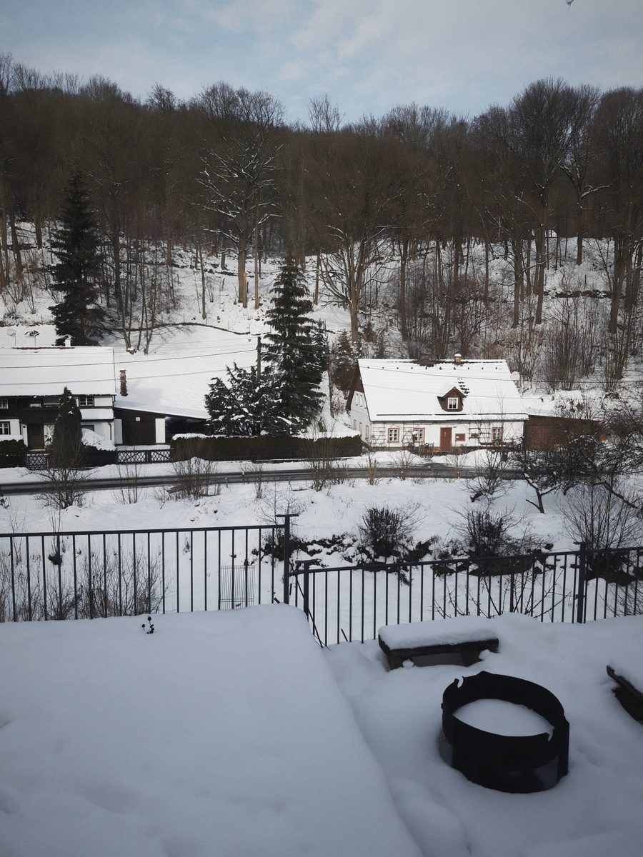 Zasněžené údolí s chalupami a lesem, výhled z terasy